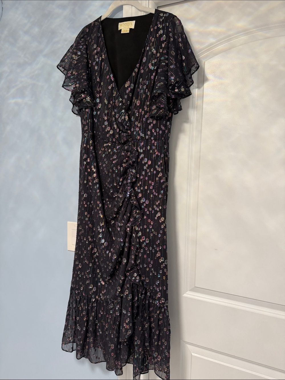 Mestiza Anthropologie Valora Ruffle Midi Dress Black Metallic Rainbow Size 12 - Picture 5 of 12